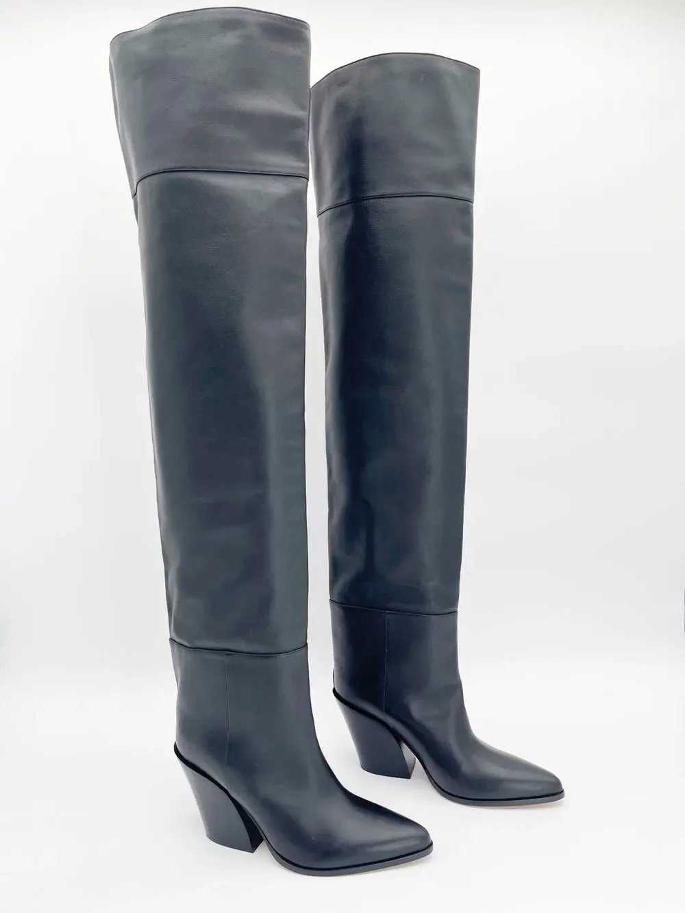 Jimmy Choo Cece 80 Black Pointed Toe Western OTK Block Heeled Boots IT 38.5